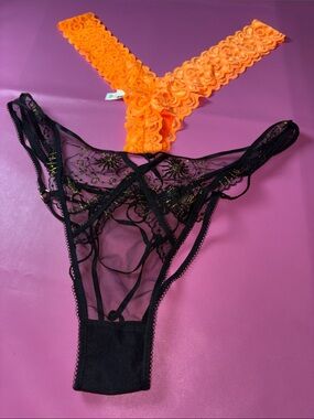 Sheer Lace Thong Panty - Black with Orange Lace Accent